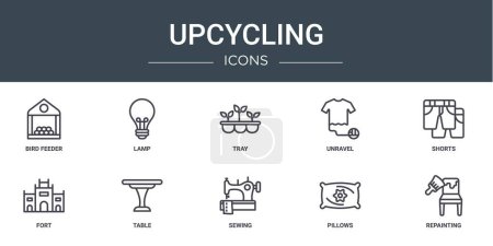set of 10 outline web upcycling icons such as bird feeder, lamp, tray, unravel, shorts, fort, table vector icons for report, presentation, diagram, web design, mobile app