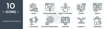 conjunto de iconos de esquema de marketing y crecimiento incluye informe de línea delgada, publicidad en línea, posicionamiento del mercado, contenido, informe, megáfono, iconos de mejora continua para el informe, presentación, diagrama,