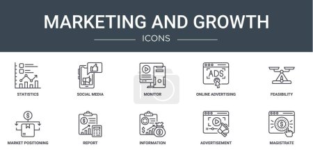 conjunto de 10 iconos de marketing web esquema y crecimiento, tales como estadísticas, redes sociales, monitor, publicidad en línea, viabilidad, posicionamiento del mercado, iconos de vectores de informes para el informe, presentación,