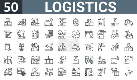 set of 50 outline web logistics icons such as packages, trolley, cargo ship, worldwide shipping, weight scale, cargo train, package protection vector thin icons for report, presentation, diagram,