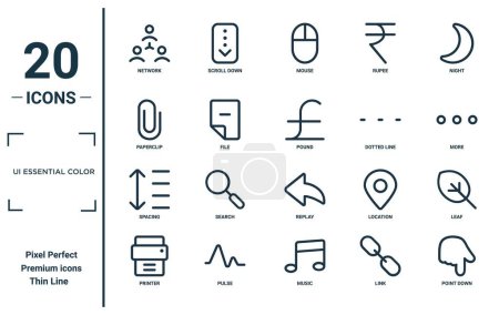 ui essential color linear icon set. includes thin line network, paperclip, spacing, printer, point down, pound, leaf icons for report, presentation, diagram, web design