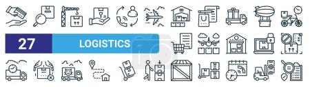 Photo for Set of 27 outline web logistics icons such as payment method, parcel tracking, crane, shopping list, air freight, fragile package, box, inspection vector thin line icons for web design, mobile app. - Royalty Free Image