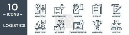 Logistik Umriss Symbol-Set enthält dünne Linie Gewichtsskala, Express-Lieferung, Standort, Checkliste, Checkliste, Kranwagen, Luftfracht-Symbole für Bericht, Präsentation, Diagramm, Webdesign