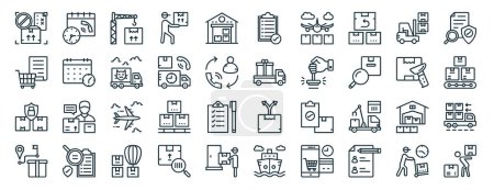 Set von 40 umrissenen Web-Logistik-Symbolen wie Bearbeitungszeit, Einkaufsliste, Paketschutz, Lieferort, Barcode-Scanner, Auftragsverfolgung, Checklisten-Symbole für Bericht, Präsentation,