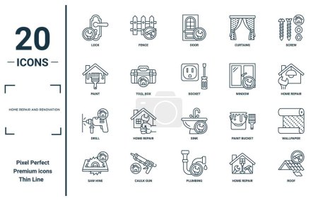 home repair and renovation linear icon set. includes thin line lock, paint, drill, saw hine, roof, socket, wallpaper icons for report, presentation, diagram, web design