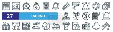 set of 27 outline web casino icons such as board game, glass, wheel, camera, cocktail, glasses, cards, roulette vector thin line icons for web design, mobile app.