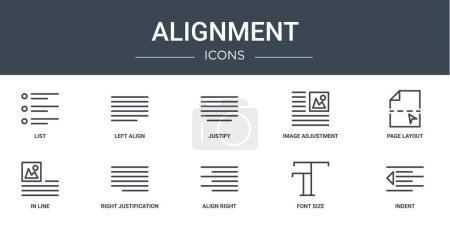 set of 10 outline web alignment icons such as list, left align, justify, image adjustment, page layout, in line, right justification vector icons for report, presentation, diagram, web design,