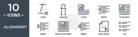 alignment outline icon set includes thin line clear, ligature, in line, indent, align right, indent, image adjustment icons for report, presentation, diagram, web design