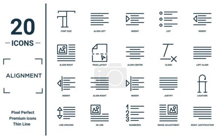 alignment linear icon set. includes thin line font size, align right, indent, line spacing, right justification, align center, ligature icons for report, presentation, diagram, web design