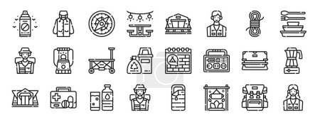 set of 24 outline web camping icons such as bug spray, raincoat, compass, camping table, tent, man, rope vector icons for report, presentation, diagram, web design, mobile app