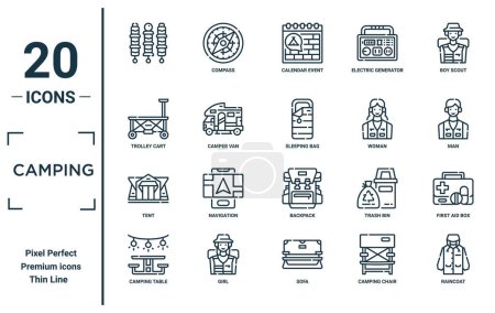 camping linear icon set. includes thin line , trolley cart, tent, camping table, raincoat, sleeping bag, first aid box icons for report, presentation, diagram, web design