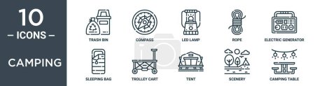 camping outline icon set includes thin line trash bin, compass, led lamp, rope, electric generator, sleeping bag, trolley cart icons for report, presentation, diagram, web design