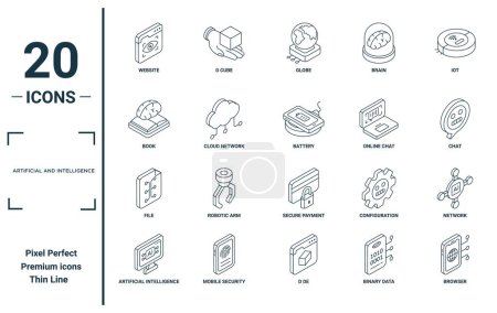 artificial and intelligence linear icon set. includes thin line website, book, file, artificial intelligence, browser, battery, network icons for report, presentation, diagram, web design