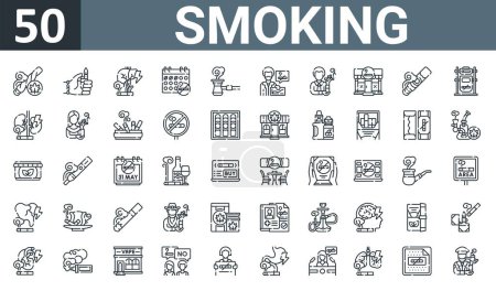Illustration for Set of 50 outline web smoking icons such as weed, lighter, liver, calendar, pipe, doctor, man vector thin icons for report, presentation, diagram, web design, mobile app. - Royalty Free Image