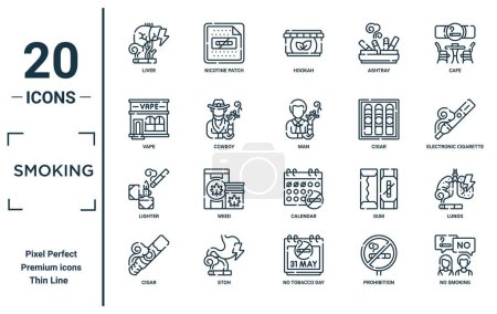Illustration for Smoking linear icon set. includes thin line liver, vape, lighter, cigar, no smoking, man, lungs icons for report, presentation, diagram, web design - Royalty Free Image