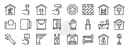 Illustration for Set of 24 outline web home improvements icons such as decoration, spanner, house repair, paint roller, project, floor, ladder vector icons for report, presentation, diagram, web design, mobile app - Royalty Free Image