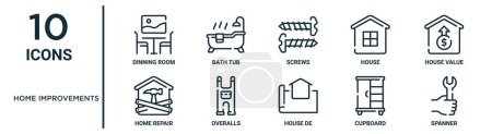 Illustration for Home improvements outline icon set such as thin line dinning room, screws, house value, overalls, cupboard, spanner, home repair icons for report, presentation, diagram, web design - Royalty Free Image