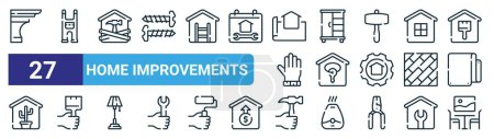 set of 27 outline web home improvements icons such as plastering, overalls, home repair, cupboard, ownership, paint brush, hammer, dinning room vector thin line icons for web design, mobile app.