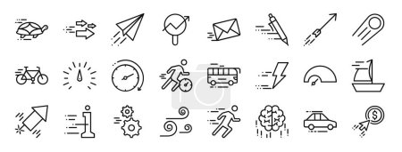 Photo for Set of 24 outline web speed related icons such as turtle, , paper plane, seo, mail, pen, arrow vector icons for report, presentation, diagram, web design, mobile app - Royalty Free Image