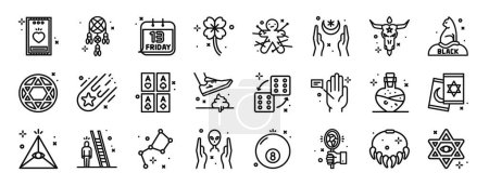 Photo for Set of 24 outline web superstition icons such as tarot card, dreamcatcher, bad luck, shamrock, voodoo, occult, baphomet vector icons for report, presentation, diagram, web design, mobile app - Royalty Free Image