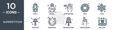 superstition outline icon set includes thin line witch, potion, hand reading, star, star, necklace, horseshoe icons for report, presentation, diagram, web design
