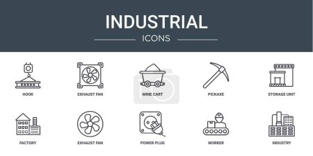 Photo for Set of 10 outline web industrial icons such as hook, exhaust fan, mine cart, pickaxe, storage unit, factory, exhaust fan vector icons for report, presentation, diagram, web design, mobile app - Royalty Free Image
