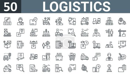 Photo for Set of 50 outline web logistics icons such as packaging, postman, package protection, air cargo, delivery service, hand delivery, shipping time vector thin icons for report, presentation, diagram, - Royalty Free Image