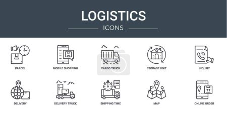 Photo for Set of 10 outline web logistics icons such as parcel, mobile shopping, cargo truck, storage unit, inquiry, delivery, delivery truck vector icons for report, presentation, diagram, web design, mobile - Royalty Free Image
