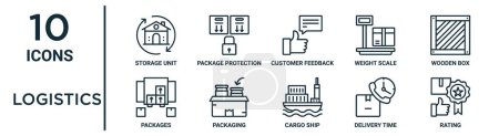 Logistik-Icon-Set wie Thin-Line-Lagereinheit, Kundenfeedback, Holzkiste, Verpackung, Lieferzeit, Bewertung, Paketsymbole für Bericht, Präsentation, Diagramm, Webdesign