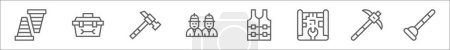 Ilustración de Esquema conjunto de iconos de la línea del día del trabajo. iconos vectoriales lineales como cono de tráfico, caja de herramientas, martillo, trabajadores, chaleco salvavidas, plano, pico, émbolo - Imagen libre de derechos