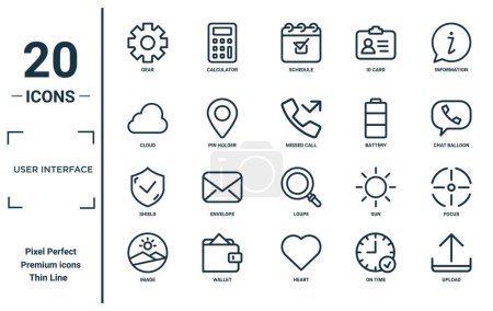 user interface linear icon set. includes thin line gear, cloud, shield, image, upload, missed call, focus icons for report, presentation, diagram, web design