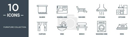 Möbelsammlung. Umrisssymbole enthalten dünne Jalousien, Nähmaschine, Sonnenbank, Küche, Küche, Vorhang, Spüle Symbole für Bericht, Präsentation, Diagramm, Webdesign