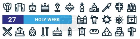 Illustration for Set of 27 outline web holy week icons such as holy spirit, stole, holy water, church, lectern, calvary, standard, cross vector thin line icons for web design, mobile app. - Royalty Free Image