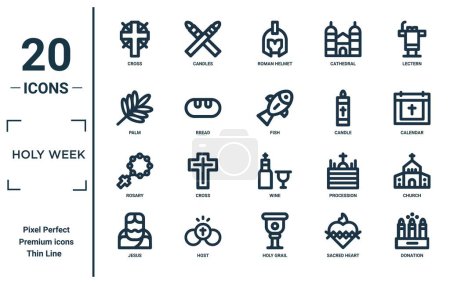 Illustration for Holy week linear icon set. includes thin line cross, palm, rosary, jesus, donation, fish, church icons for report, presentation, diagram, web design - Royalty Free Image