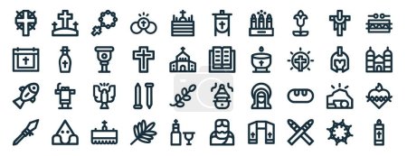 Illustration for Set of 40 outline web holy week icons such as calvary, calendar, fish, spear, roman helmet, drum, standard icons for report, presentation, diagram, web design, mobile app - Royalty Free Image