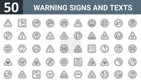 set of 50 outline web warning signs and texts icons such as explosive, fire alarm, no pets, no swimming, no vehicle, lifting, distance vector thin icons for report, presentation, diagram, web