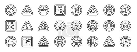 set of 24 outline web warning signs and texts icons such as no alcohol, two ways, stop, exit, no turn, radioactive, no camera vector icons for report, presentation, diagram, web design, mobile app