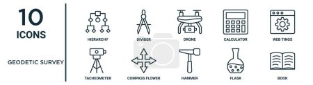 geodetic survey outline icon set such as thin line hierarchy, drone, web tings, compass flower, flask, book, tacheometer icons for report, presentation, diagram, web design