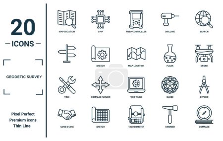 geodetic survey linear icon set. includes thin line map location, , ting, hand shake, compass, map location, divider icons for report, presentation, diagram, web design
