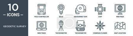 geodetic survey outline icon set includes thin line field controller, bulb, measuring tape, chip, web page, web tings, tacheometer icons for report, presentation, diagram, web design