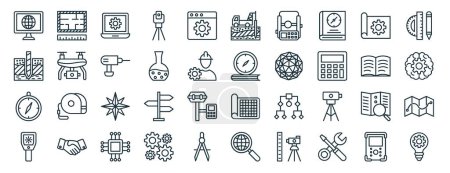 Illustration for Set of 40 outline web geodetic survey icons such as sketch, water well, compass, tacheometer, book, scale, drilling icons for report, presentation, diagram, web design, mobile app - Royalty Free Image