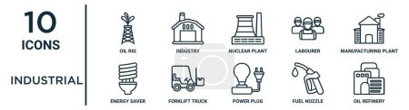 Photo for Industrial outline icon set such as thin line oil rig, nuclear plant, manufacturing plant, forklift truck, fuel nozzle, oil refinery, energy saver icons for report, presentation, diagram, web design - Royalty Free Image