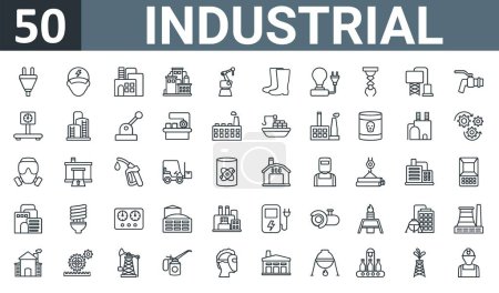 set of 50 outline web industrial icons such as power plug, electrician, industry, industry, robotic arm, rubber boots, power plug vector thin icons for report, presentation, diagram, web design,