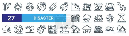 Illustration for Set of 27 outline web disaster icons such as warming, burning building, warming, earthquakes, thunderbolt, , tornado, flooding vector thin line icons for web design, mobile app. - Royalty Free Image