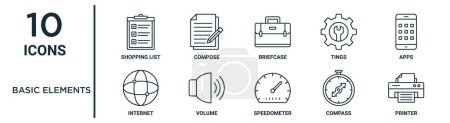 Photo for Basic elements outline icon set such as thin line shopping list, briefcase, apps, volume, compass, printer, internet icons for report, presentation, diagram, web design - Royalty Free Image