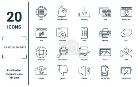 basic elements linear icon set. includes thin line menu, hide, internet, camera, full battery, apps, send icons for report, presentation, diagram, web design