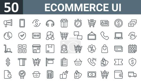 Illustration for Set of 50 outline web ecommerce ui icons such as megaphone, smartphone, money, headphones, gift, delivery time, remove from cart vector thin icons for report, presentation, diagram, web design, - Royalty Free Image
