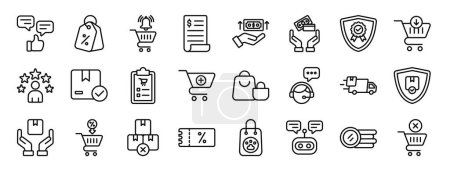 conjunto de 24 iconos de compras en línea web esquema tales como retroalimentación, venta, campana de notificación, factura, pago, método de pago, garantía de vectores iconos para el informe, presentación, diagrama, diseño web, móvil