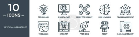 artificial intelligence outline icon set includes thin line technology, ai knowledge, drone technology, hine learning, team management, vr glasses, d printer icons for report, presentation, diagram,