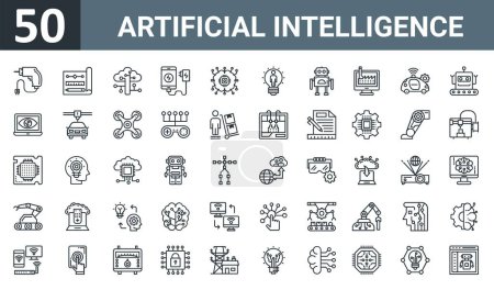 set of 50 outline web artificial intelligence icons such as drill, prototyping, cloud computing, mobile charging, microprocessor, creative mind, robot vector thin icons for report, presentation,
